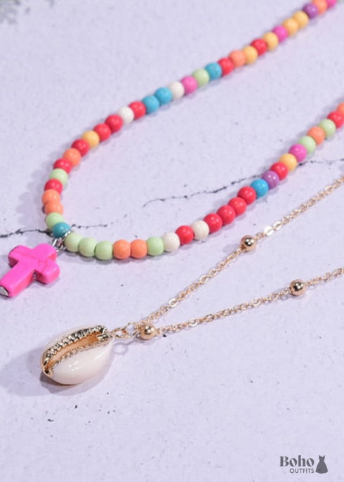 Boho Necklace, Seed Bead Choker, 2 Layers Double Cross